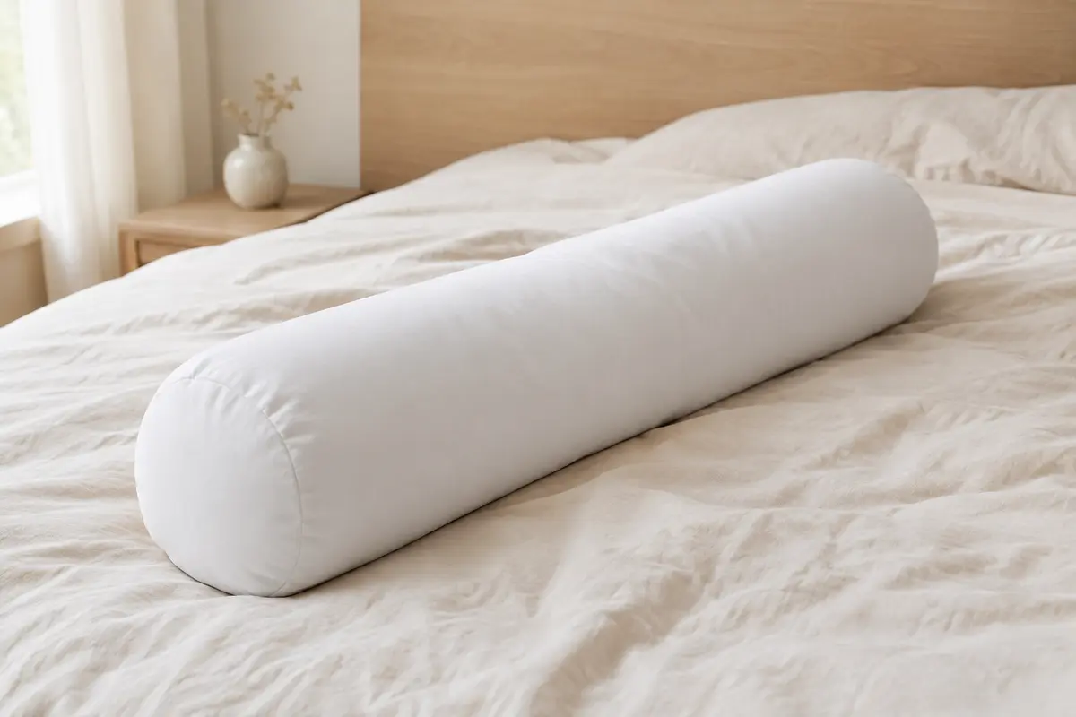 Traversin cylindrique blanc en polyester posé sur un lit clair dans une chambre lumineuse.