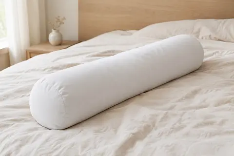 Traversin cylindrique blanc en polyester posé sur un lit clair dans une chambre lumineuse.