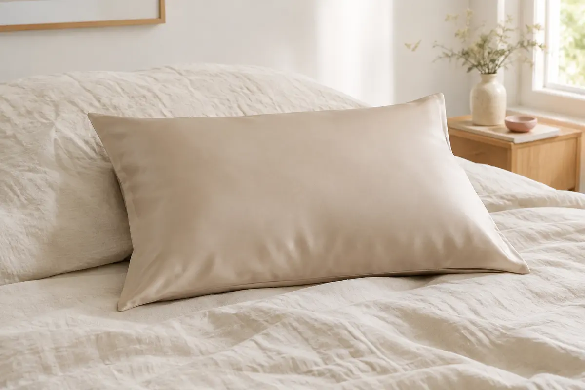 Taie d’oreiller beige en soie de mûrier, avec fermeture éclair, posée sur un lit clair.