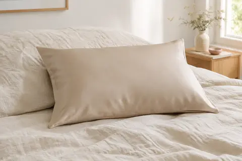 Taie d’oreiller beige en soie de mûrier, avec fermeture éclair, posée sur un lit clair.
