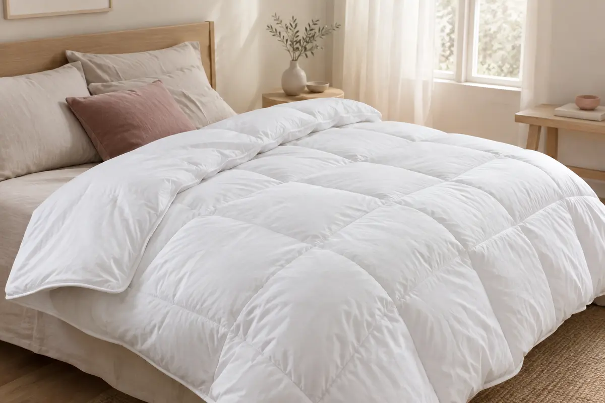 Couette blanche matelassée RESTILO posée sur un lit dans une chambre lumineuse au décor sobre.