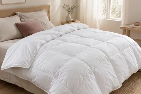 Couette blanche matelassée RESTILO posée sur un lit dans une chambre lumineuse au décor sobre.