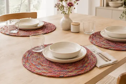 Sets de table ronds tressés rouge arc-en-ciel disposés sur une table en bois clair avec de la vaisselle crème