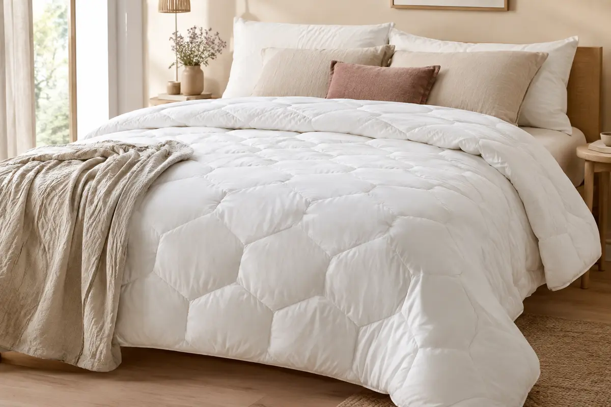 Couette blanche d’hiver matelassée en motif nid d’abeille, présentée sur un lit dans une chambre lumineuse