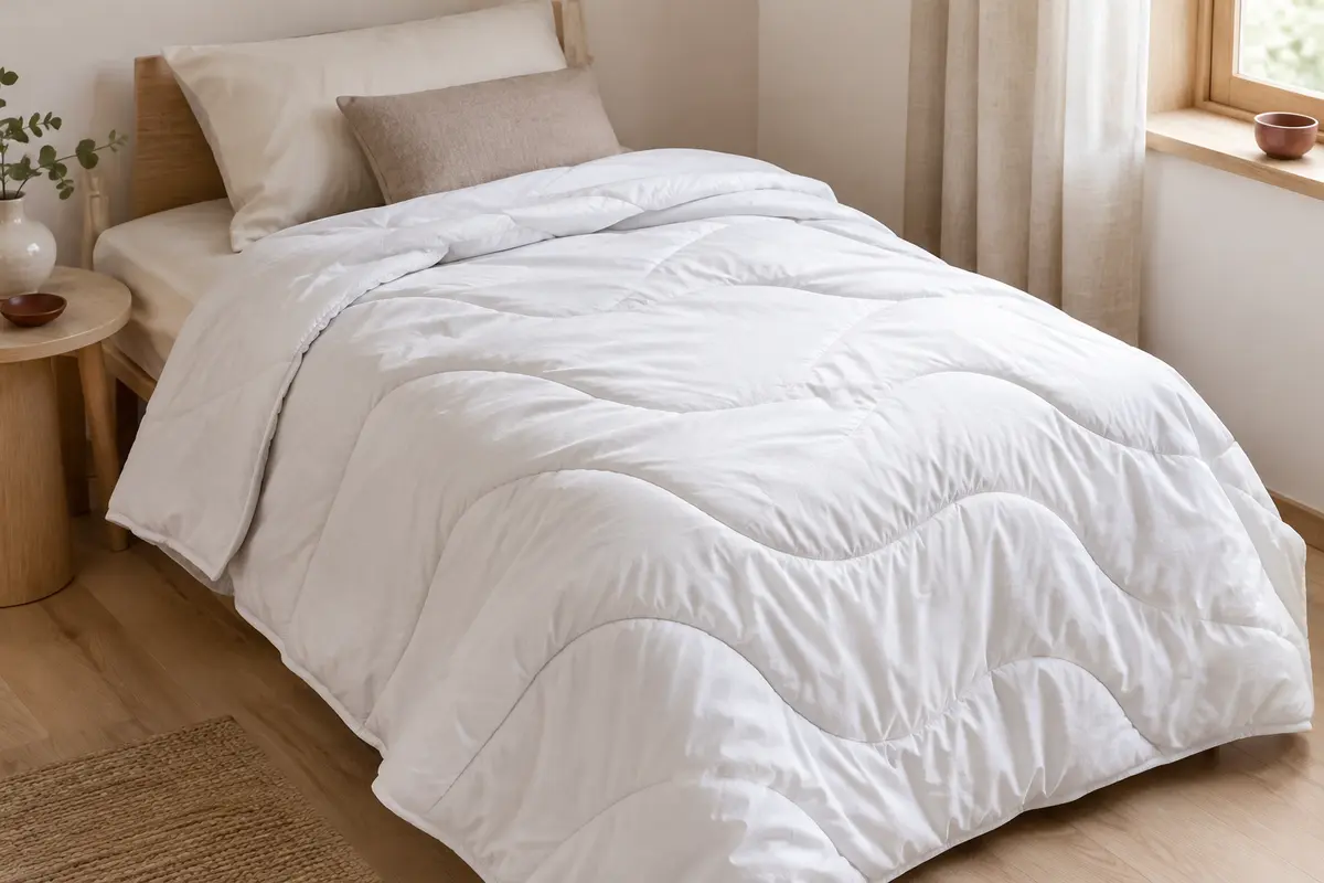 Couette blanche légère en microfibre avec matelassage ondulé, posée sur un lit dans une chambre claire.