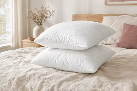 Deux oreillers carrés blancs en microfibre matelassée posés sur un lit aux draps crème