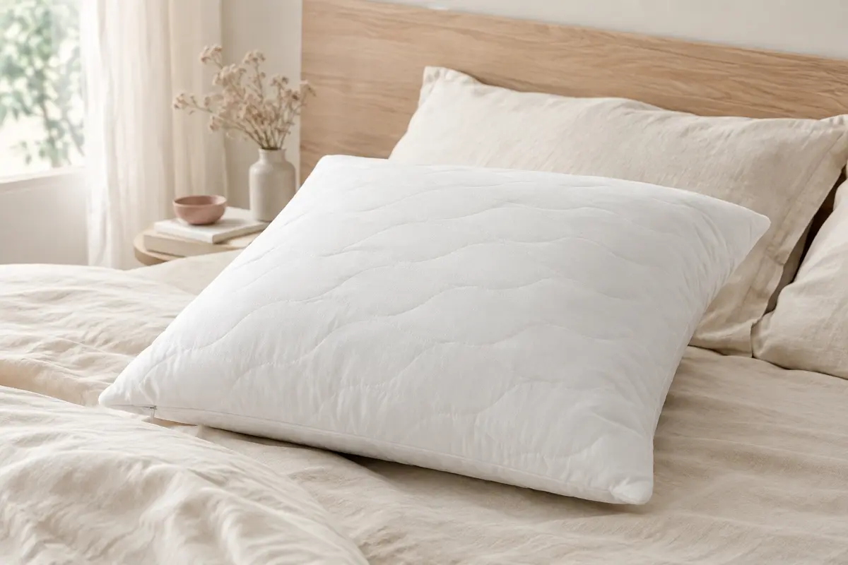 Oreiller carré blanc en microfibre matelassée posé sur un lit clair dans une chambre lumineuse.