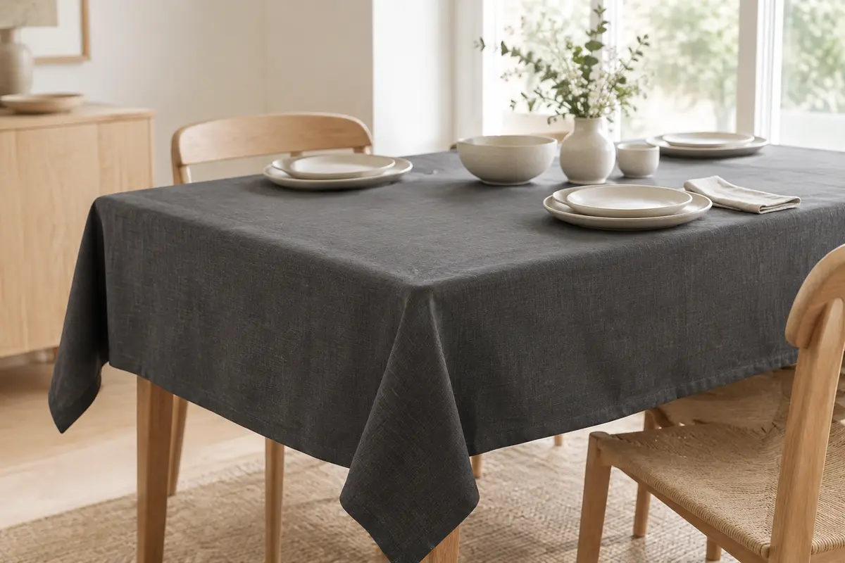 Nappe rectangulaire gris foncé à l’aspect lin posée sur une table en bois clair avec de la vaisselle en céramique.