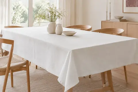Nappe blanche rectangulaire en polyester dressée sur une grande table en bois clair dans une salle à manger lumineuse.