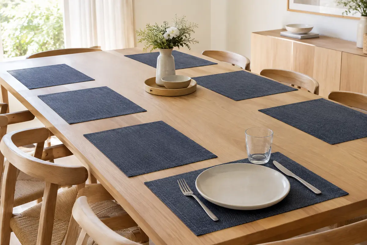 Huit sets de table rectangulaires en PVC bleu foncé disposés sur une table en bois clair