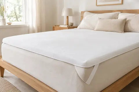 Surmatelas blanc Sweetnight de 5 cm posé sur un lit, avec une sangle élastique visible à l’angle.