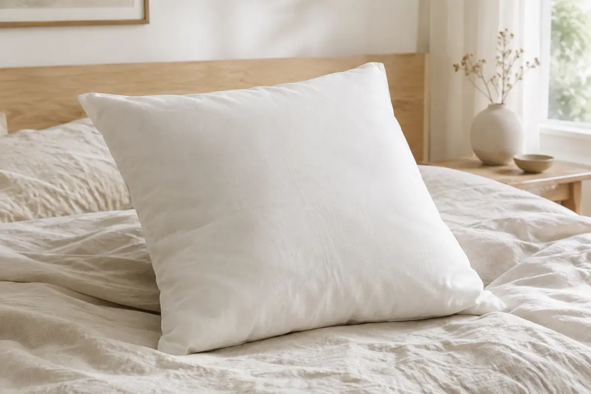 Oreiller carré blanc en fibres creuses, posé sur un lit habillé de lin crème dans une chambre lumineuse.