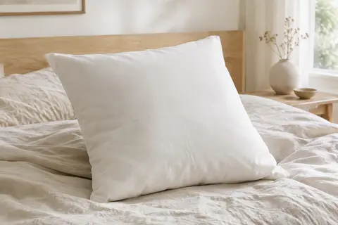 Oreiller carré blanc en fibres creuses, posé sur un lit habillé de lin crème dans une chambre lumineuse.