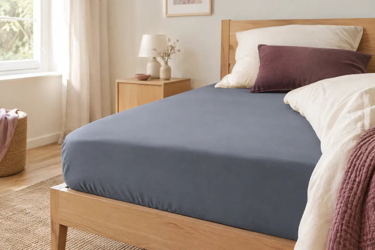 Drap-housse uni bleu-gris en microfibre brossée, posé sur un lit une place dans une chambre lumineuse.