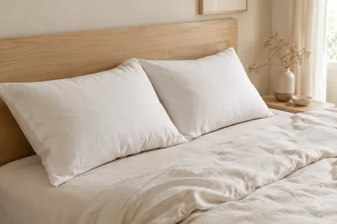Deux oreillers rectangulaires blancs posés sur un lit en coton crème dans une chambre lumineuse au bois clair.