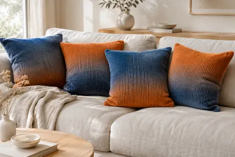 Quatre housses carrées de coussin en velours côtelé bleu et orange disposées sur un canapé clair.