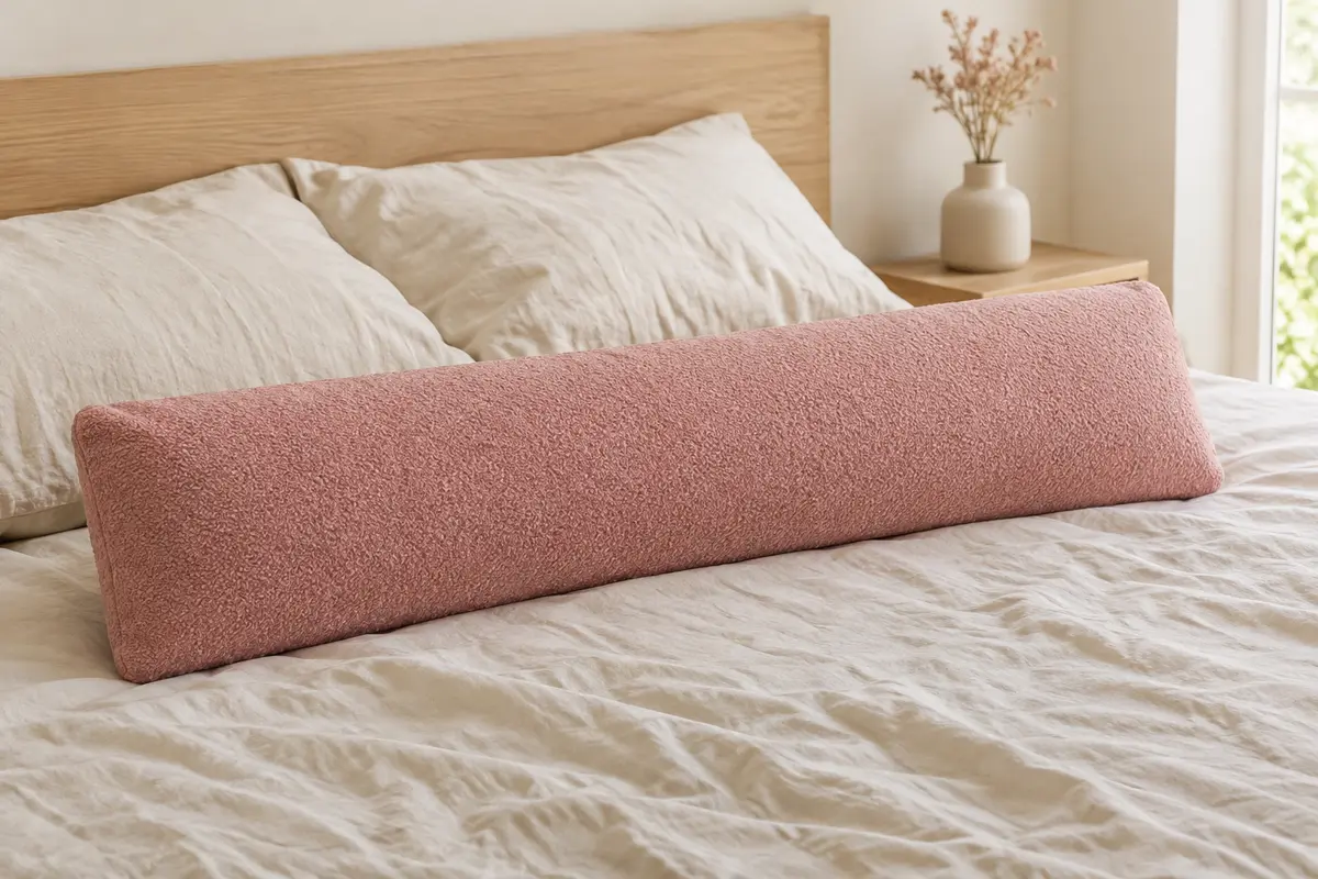 Traversin rectangulaire rose posé sur un lit clair dans une chambre lumineuse aux matières naturelles.