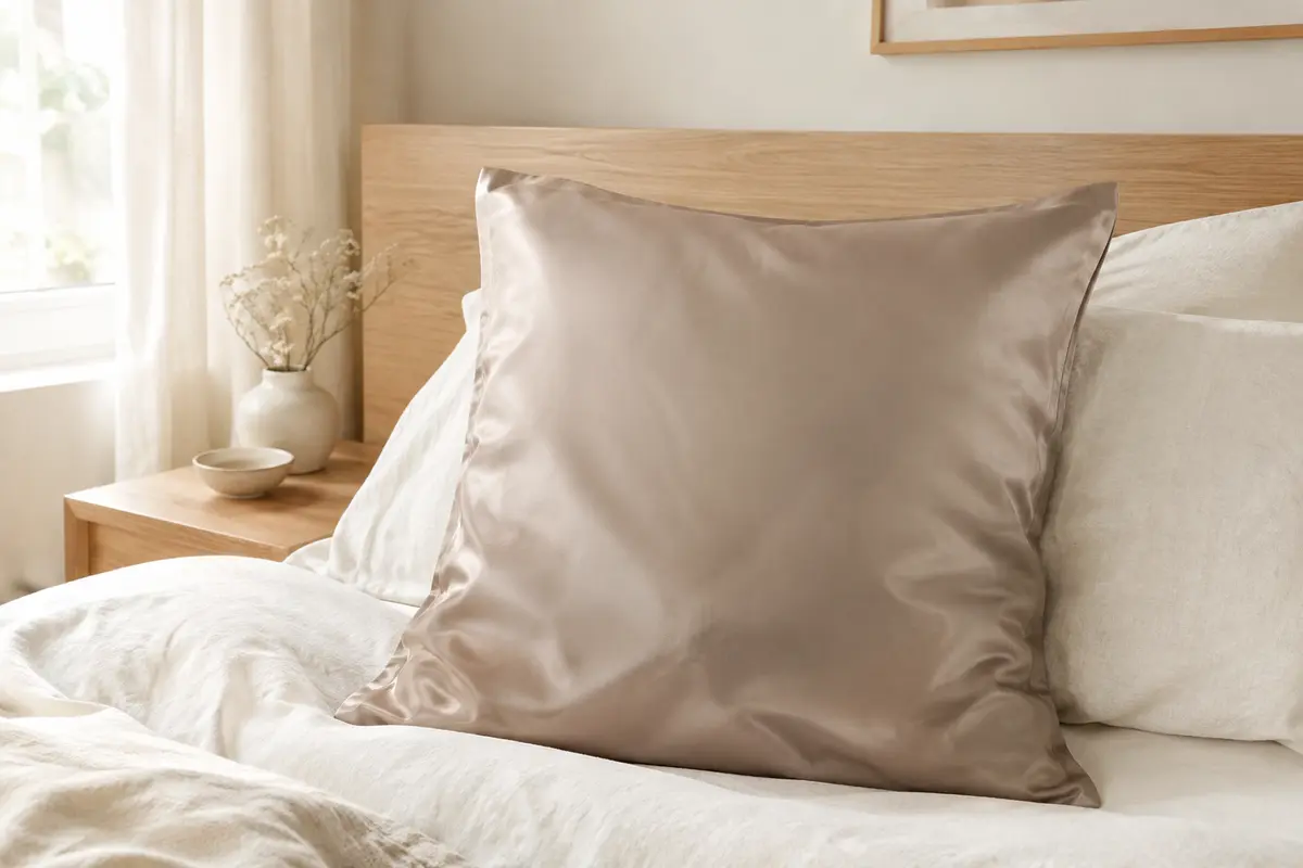 Taie d’oreiller carrée beige taupe en soie de mûrier, posée sur un lit clair
