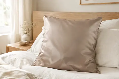 Taie d’oreiller carrée beige taupe en soie de mûrier, posée sur un lit clair