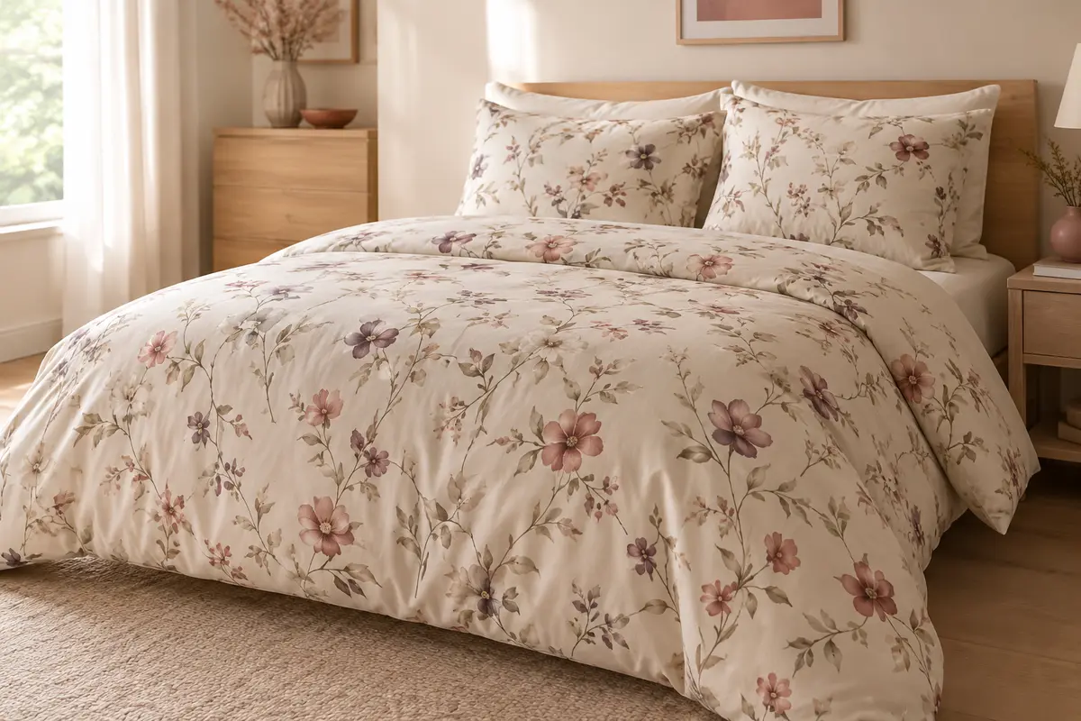 Housse de couette beige à motif floral avec deux taies assorties sur un lit dans une chambre claire.