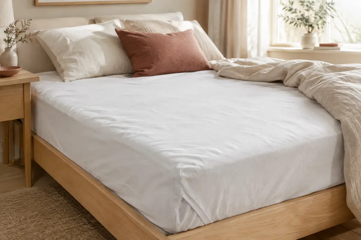Protège-matelas blanc à quatre coins élastiques posé sur un lit dans une chambre lumineuse.