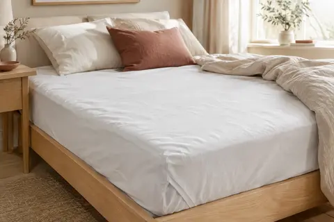 Protège-matelas blanc à quatre coins élastiques posé sur un lit dans une chambre lumineuse.