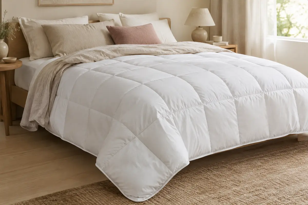 Couette blanche de 200 × 200 cm avec piquage en panneaux et bord passepoilé, posée sur un lit clair