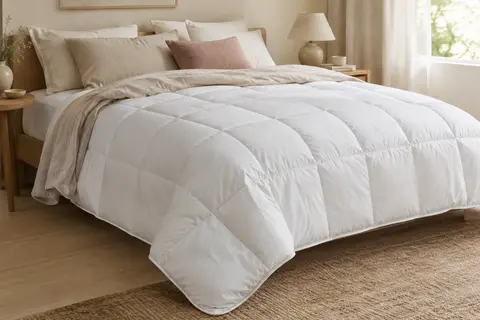 Couette blanche de 200 × 200 cm avec piquage en panneaux et bord passepoilé, posée sur un lit clair