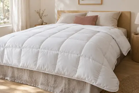 Couette blanche en polyester avec piquage en boîtes, posée sur un lit dans une chambre lumineuse.