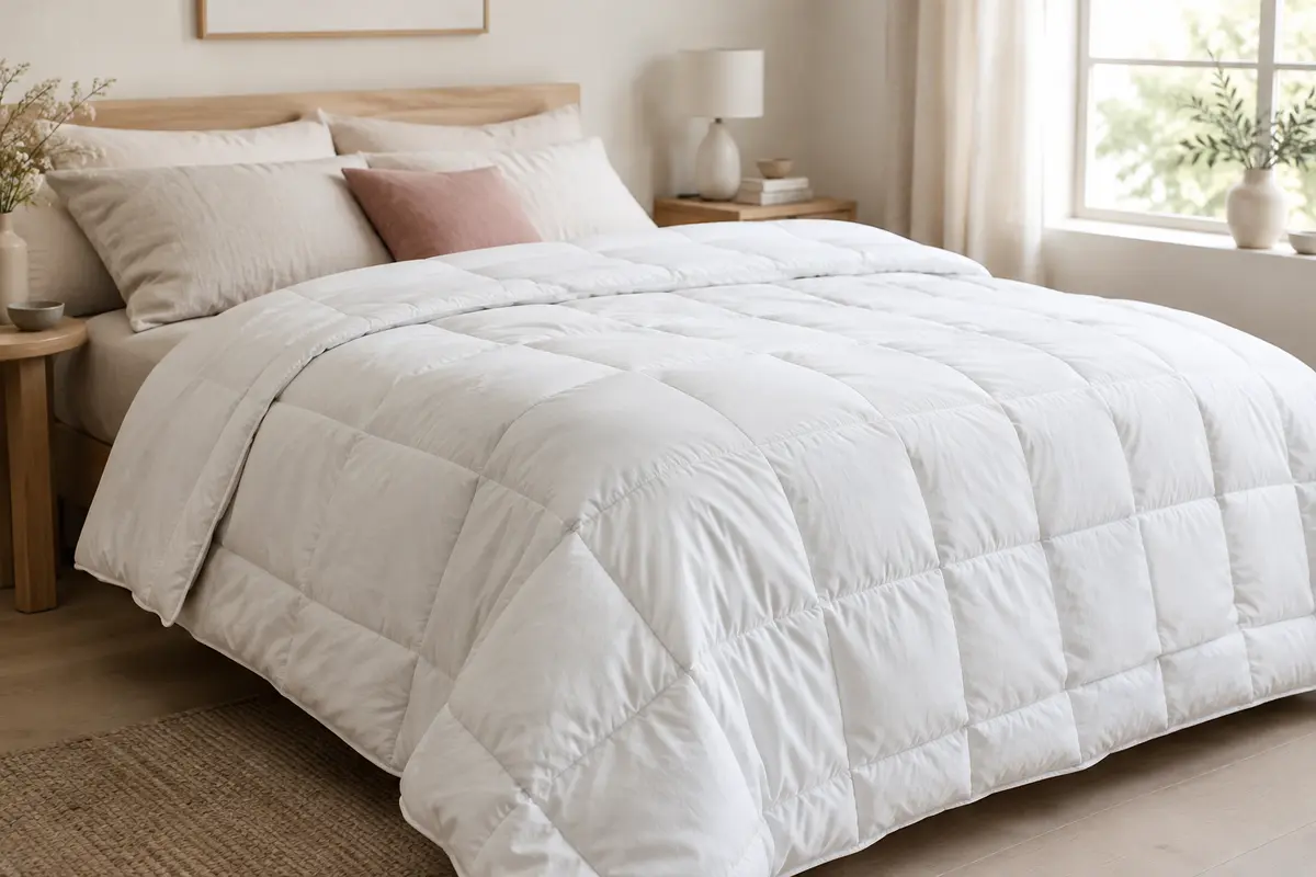 Couette d’été blanche en microfibre, au piquage en carrés et aux bords passepoilés, posée sur un lit clair.