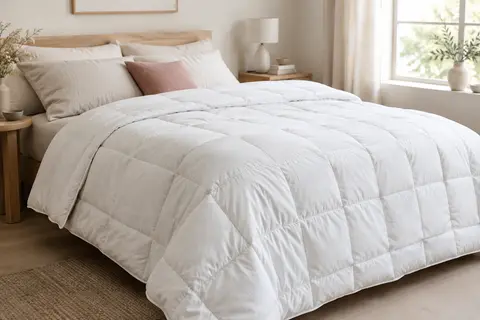 Couette d’été blanche en microfibre, au piquage en carrés et aux bords passepoilés, posée sur un lit clair.