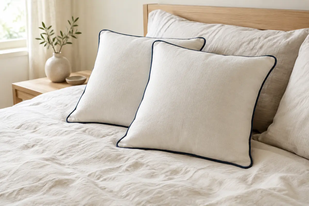 Deux coussins décoratifs blancs carrés avec passepoil bleu marine posés sur un lit en lin clair.