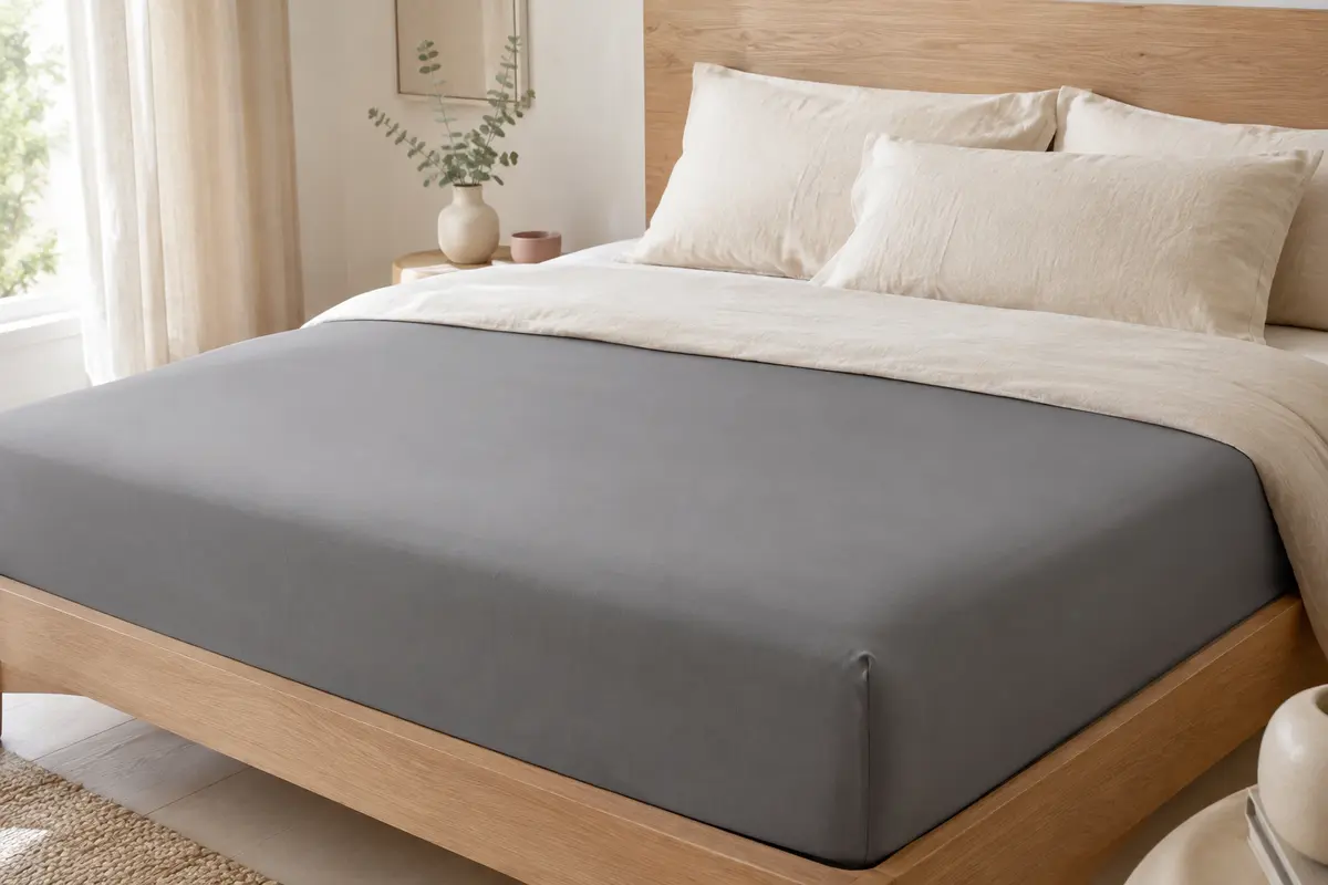 Drap-housse gris uni en microfibre brossée posé sur un matelas dans une chambre lumineuse.