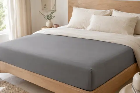 Drap-housse gris uni en microfibre brossée posé sur un matelas dans une chambre lumineuse.