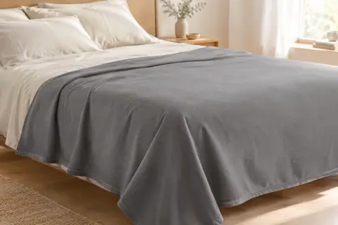 Drap plat gris en microfibre brossée posé sur un lit clair dans une chambre lumineuse et apaisée.