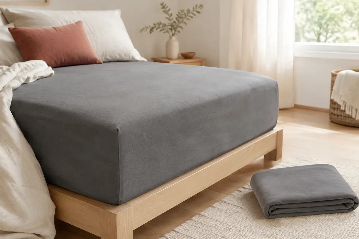 Drap-housse gris en microfibre ajusté sur un lit, avec un second drap plié à côté.