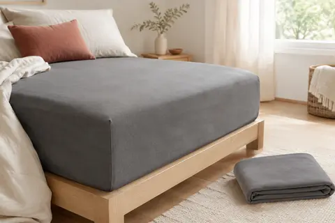 Drap-housse gris en microfibre ajusté sur un lit, avec un second drap plié à côté.