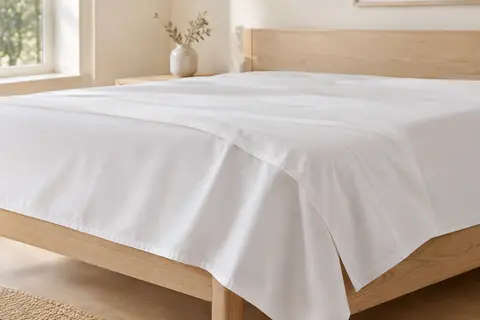 Drap plat blanc en microfibre brossée étendu sur un lit au décor lumineux et épuré