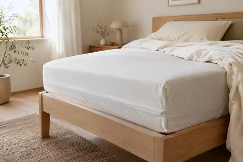 Housse de matelas blanche en polyester avec fermeture éclair, installée sur un lit dans une chambre claire.