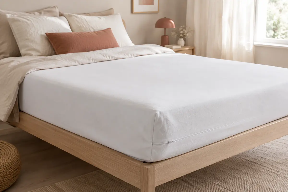 Housse de matelas blanche intégrale à fermeture éclair installée sur un lit dans une chambre lumineuse.