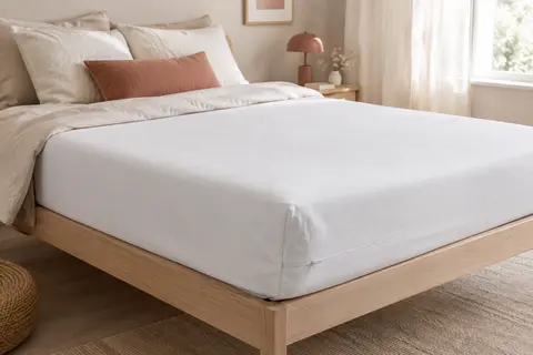Housse de matelas blanche intégrale à fermeture éclair installée sur un lit dans une chambre lumineuse.