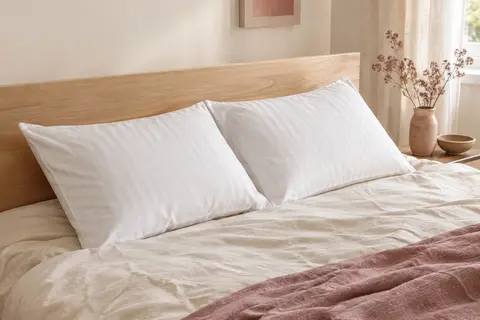 Deux oreillers blancs rectangulaires à fines rayures présentés côte à côte sur un lit aux tons naturels.
