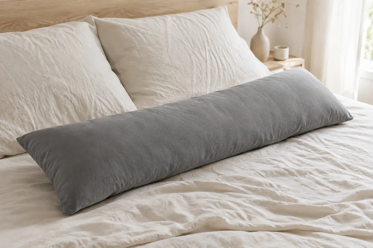 Oreiller de corps rectangulaire gris en polyester posé sur un lit aux draps crème