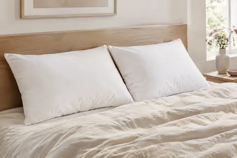 Deux oreillers blancs rectangulaires de 50 x 70 cm posés sur un lit aux draps crème