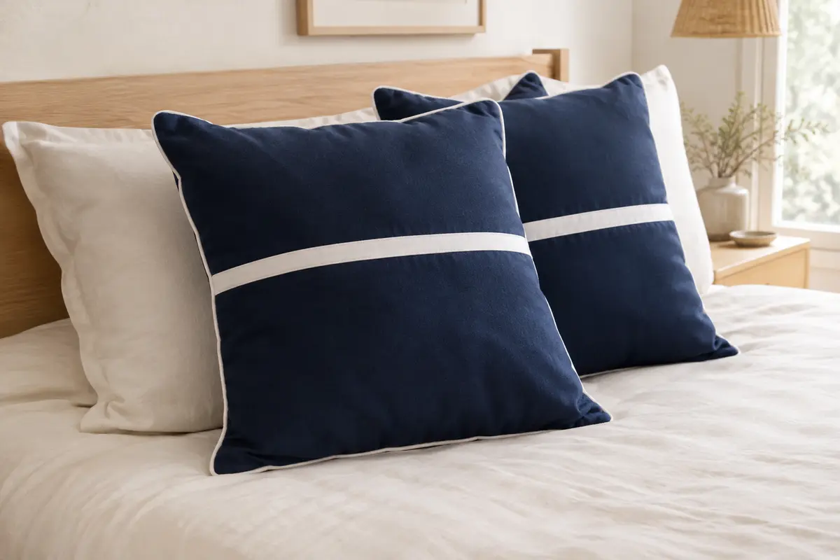 Deux oreillers carrés Utopia Bedding à soufflet, annoncés bleu marine avec finitions blanches, posés sur un lit clair.