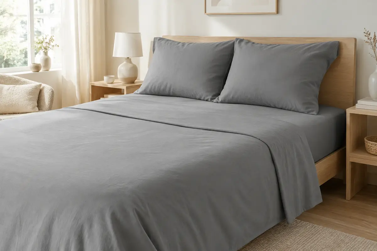 Parure grise en microfibre brossée sur un lit, avec drap plat, drap-housse et deux taies assorties.