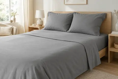 Parure grise en microfibre brossée sur un lit, avec drap plat, drap-housse et deux taies assorties.