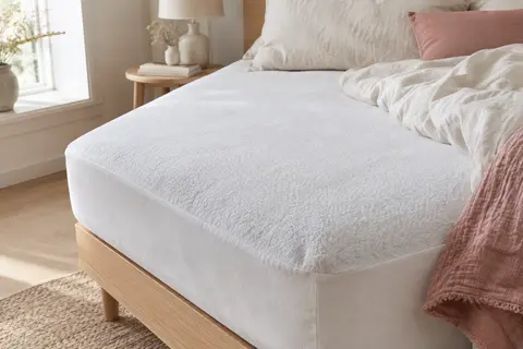 Protège-matelas blanc en éponge installé sur un matelas, avec un angle ajusté visible.