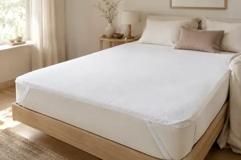 Protège-matelas blanc en polyester avec sangles élastiques aux angles, posé sur un lit clair