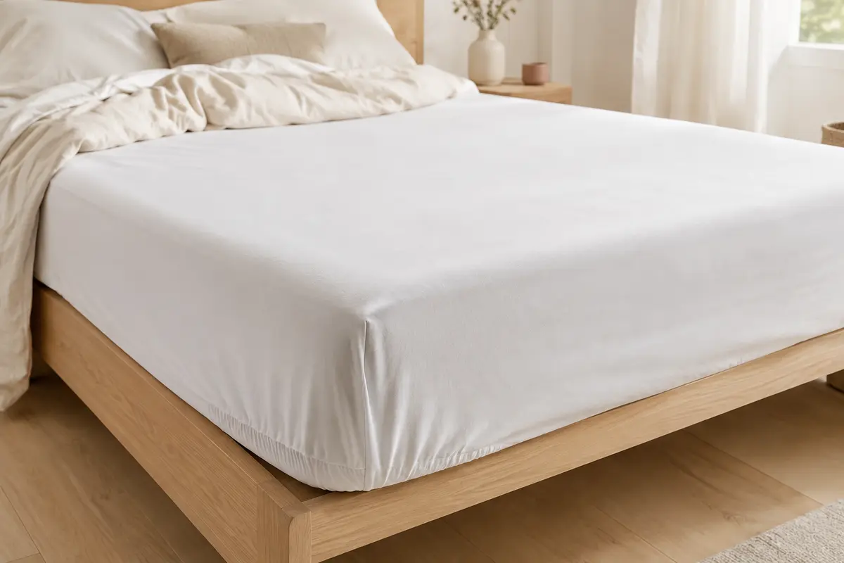 Protège-matelas blanc ajusté en forme de drap-housse sur un lit, avec un angle élastiqué visible